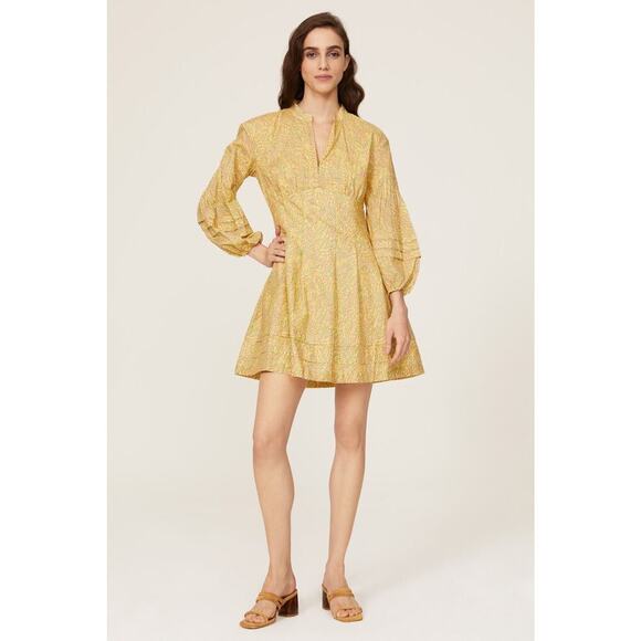DEREK LAM COLLECTIVE Paisley Yellow Floral Puff Sleeves Flared Hemline Dress 48 - Picture 1 of 12